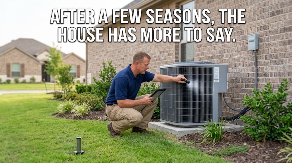 Inspector evaluating an HVAC condenser and irrigation area during a builder-warranty inspection after move-in