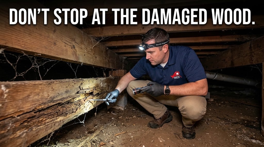 Home inspector evaluating visible and accessible wood framing in a crawl space