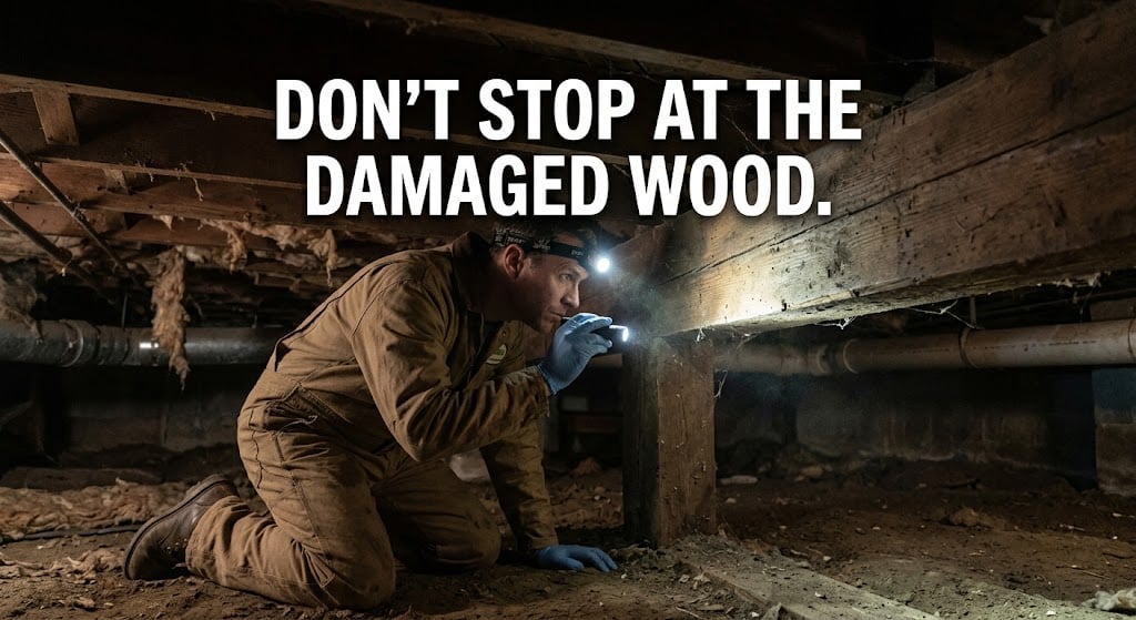 Home inspector evaluating visible and accessible wood framing in a crawl space