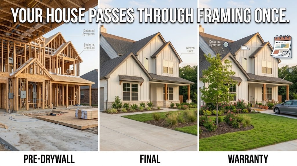 Three stages of a new home from pre-drywall framing to completion to lived-in warranty period