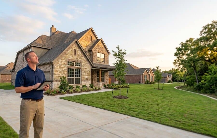 Home inspector at a new home on an oversized lot, illustrating a Ridge Crossing Waxahachie home inspection
