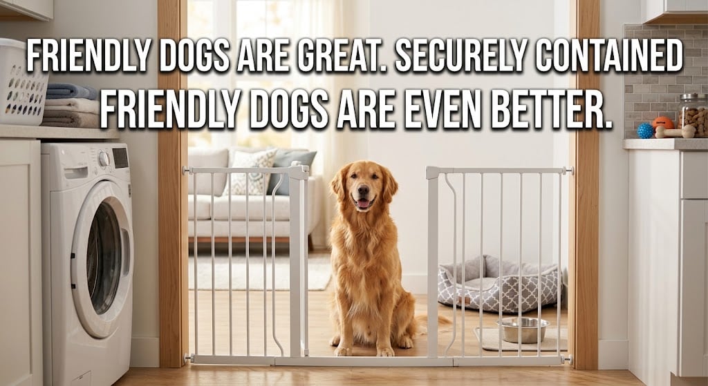 Friendly dog secured behind a pet gate during a home inspection