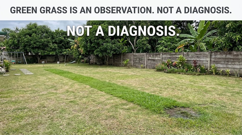 Greener strip of lawn and damp area in a yard, showing why septic tank failure signs need evaluation