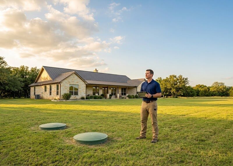 Home inspector near septic tank access lids, reviewing septic tank failure signs on a Texas property