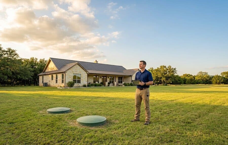 Home inspector near septic tank access lids, reviewing septic tank failure signs on a Texas property