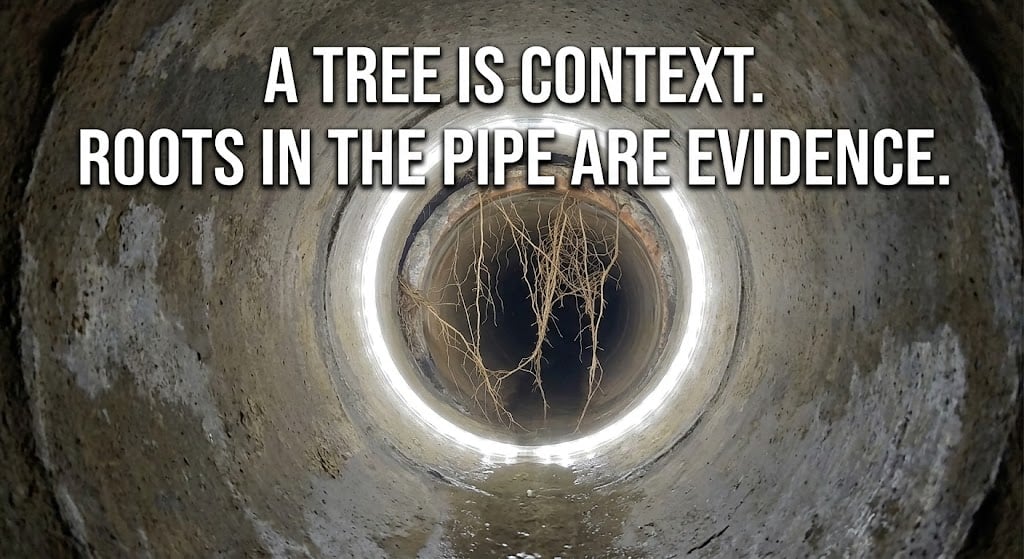 Visible tree root intrusion at a pipe joint observed during a sewer camera inspection