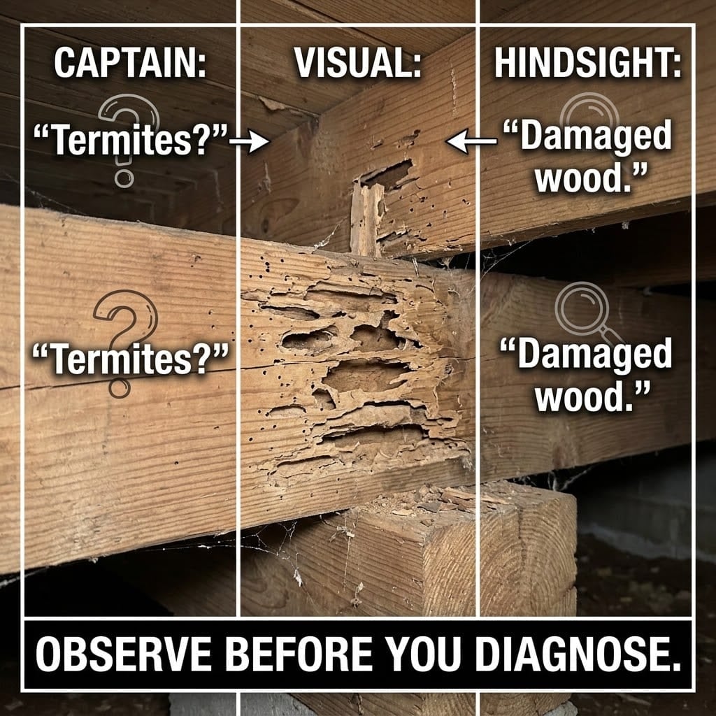 Damaged wood trim showing why wood damage alone does not identify termite activity