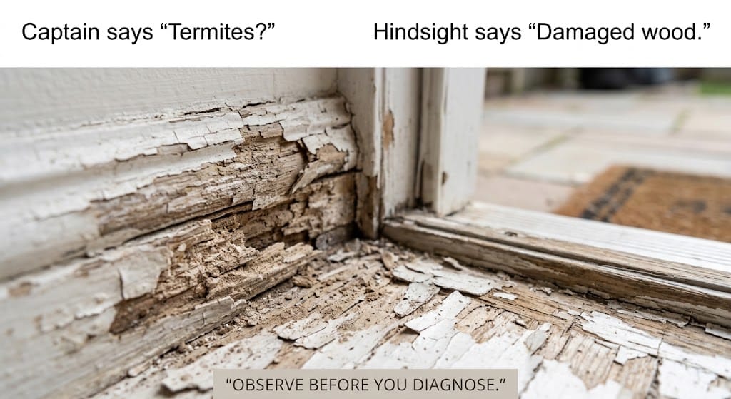 Damaged wood trim showing why wood damage alone does not identify termite activity