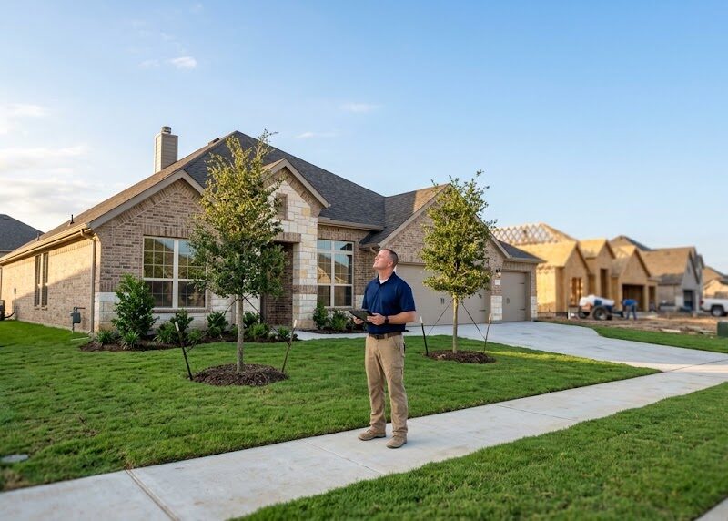 Home inspector evaluating a completed new-construction home, illustrating a Silverado Aubrey home inspection