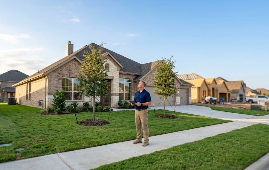 Home inspector evaluating a completed new-construction home, illustrating a Silverado Aubrey home inspection