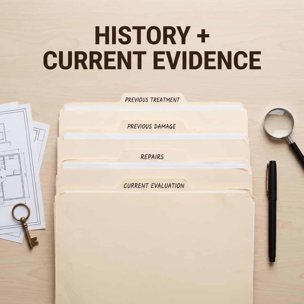 Termite treatment and repair records reviewed alongside a current property evaluation