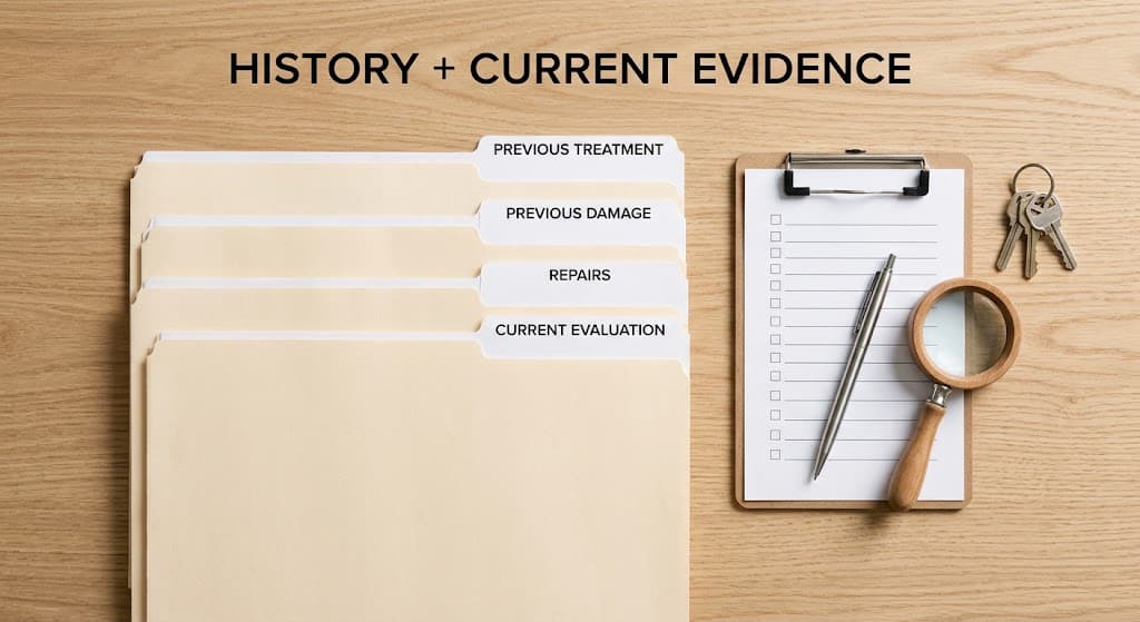 Termite treatment and repair records reviewed alongside a current property evaluation