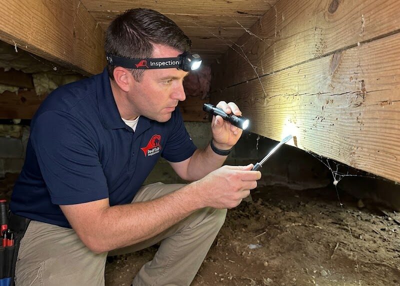 Home inspector evaluating visible wood conditions at a Texas residential property.