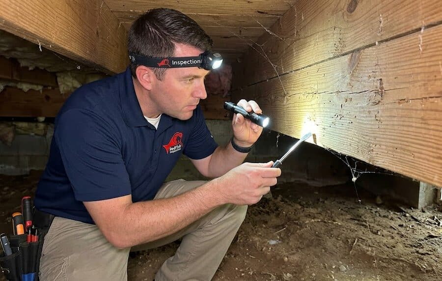Home inspector evaluating visible wood conditions at a Texas residential property.