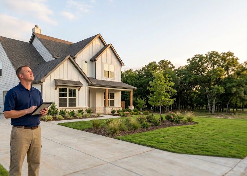 Home inspector at a new home among mature oak trees, illustrating a Treeline Justin home inspection