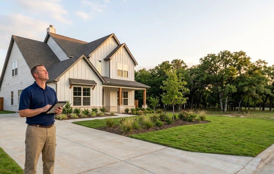 Home inspector at a new home among mature oak trees, illustrating a Treeline Justin home inspection