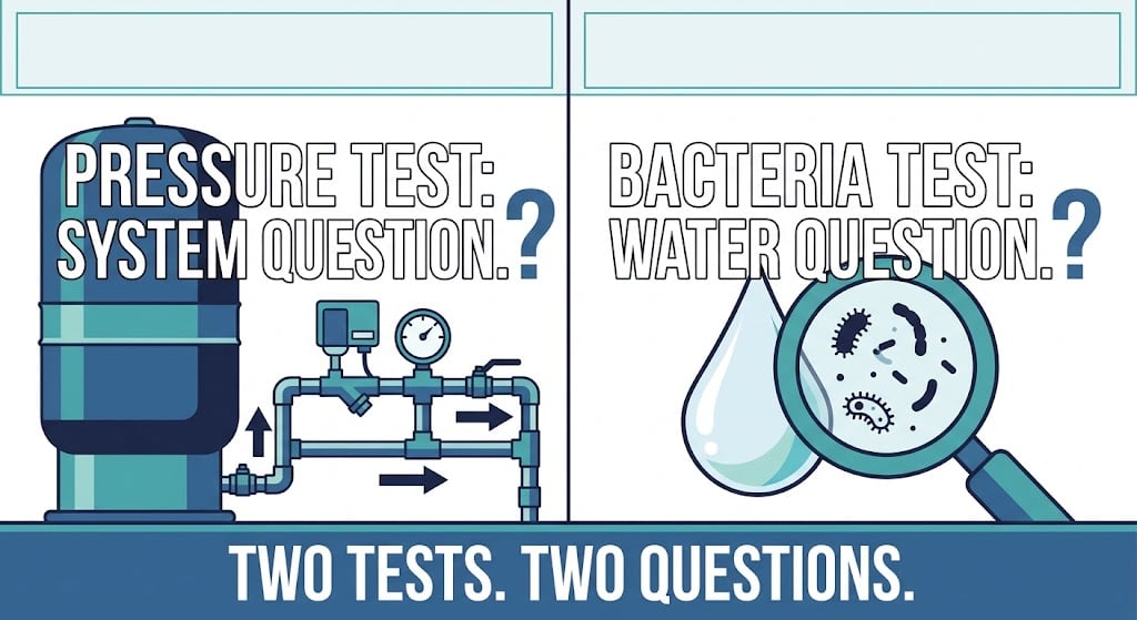 Comparison showing that water pressure testing and a well water bacteria test answer different questions