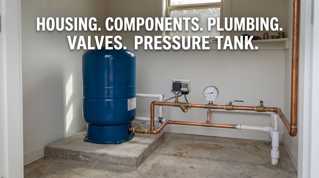 Pressure tank, valves, and plumbing inside a well house evaluated during a well inspection