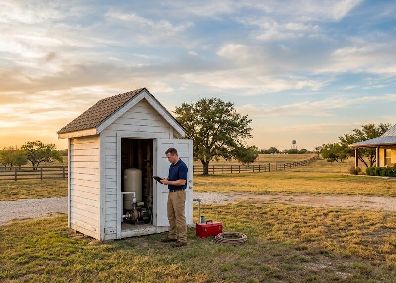 Inspector at a private well house, showing how a well inspection differs from a well water bacteria test
