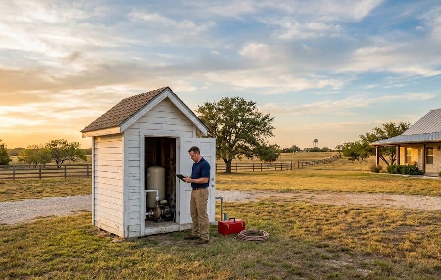 Inspector at a private well house, showing how a well inspection differs from a well water bacteria test