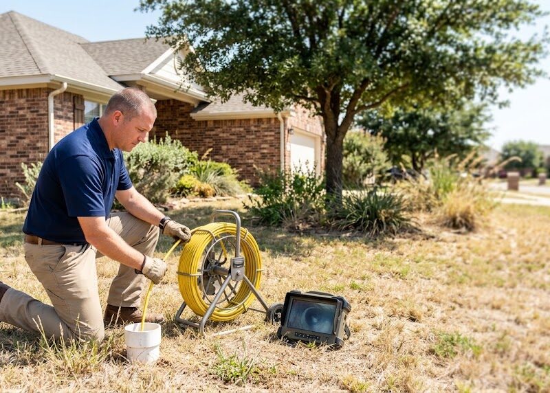 Inspector feeding a camera into a yard cleanout, showing what a sewer scope inspection involves