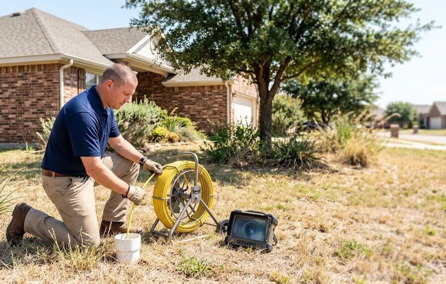 Inspector feeding a camera into a yard cleanout, showing what a sewer scope inspection involves
