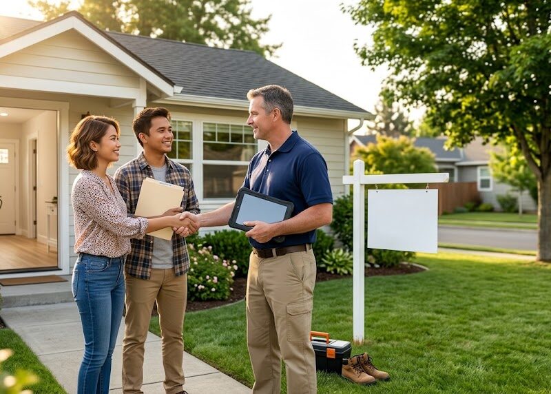 Home buyers meeting a home inspector, illustrating who pays for the home inspection, buyer or seller