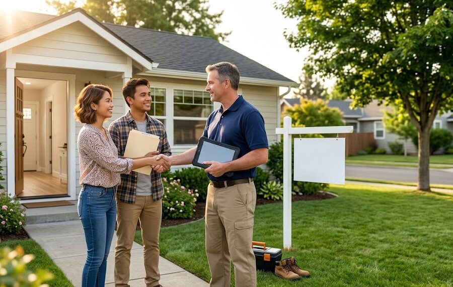 Home buyers meeting a home inspector, illustrating who pays for the home inspection, buyer or seller