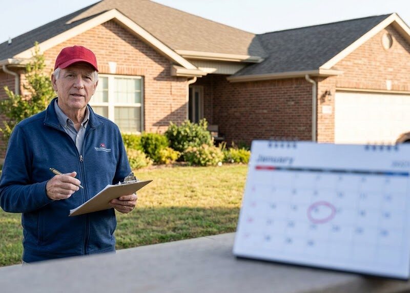 Inspector Hindsight beside a newer home, explaining an 11-month warranty inspection