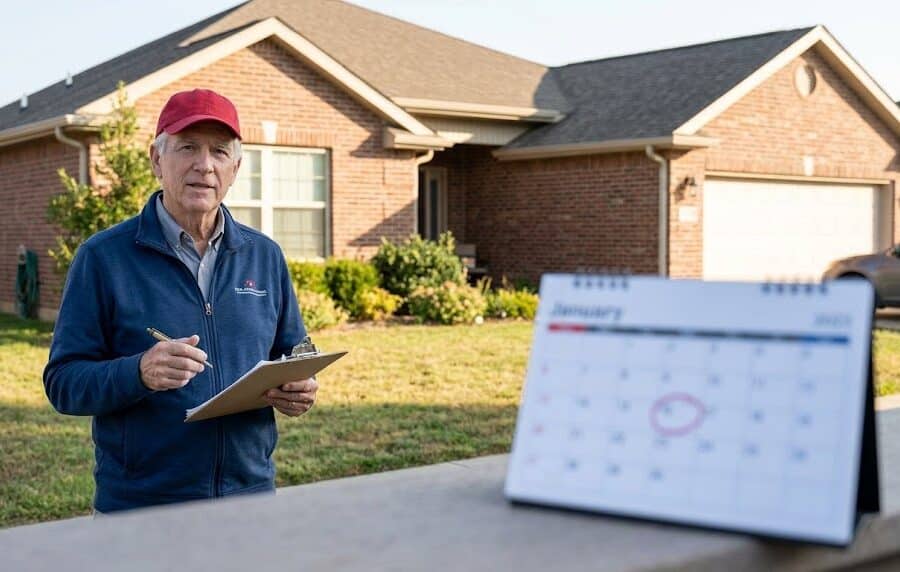 Inspector Hindsight beside a newer home, explaining an 11-month warranty inspection