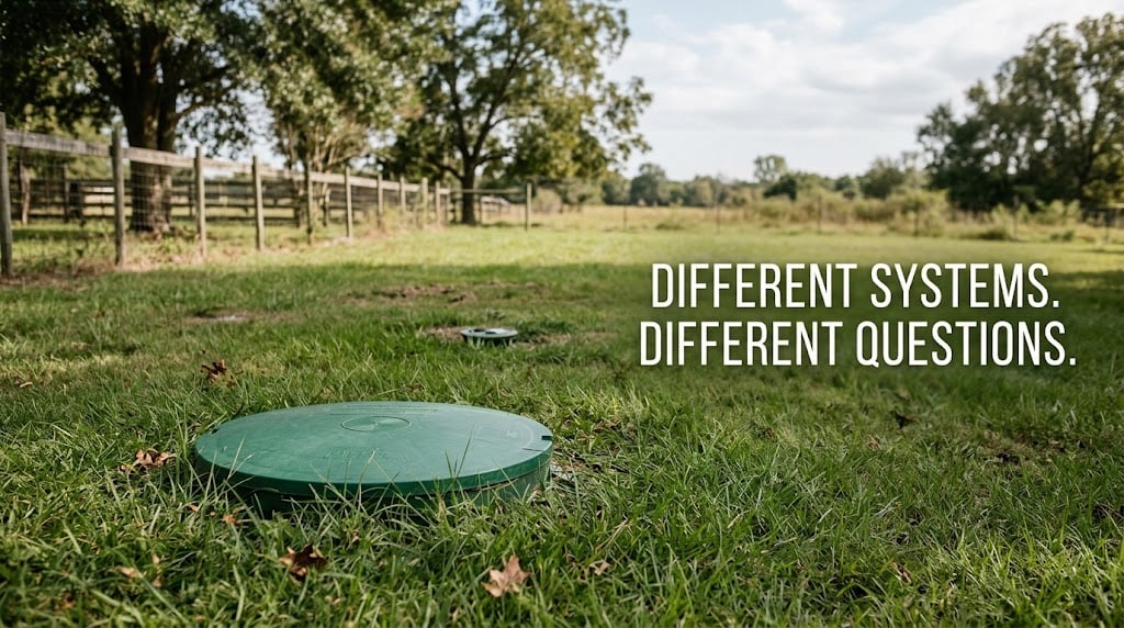 Aerobic septic tank lid and spray head on a rural Texas property