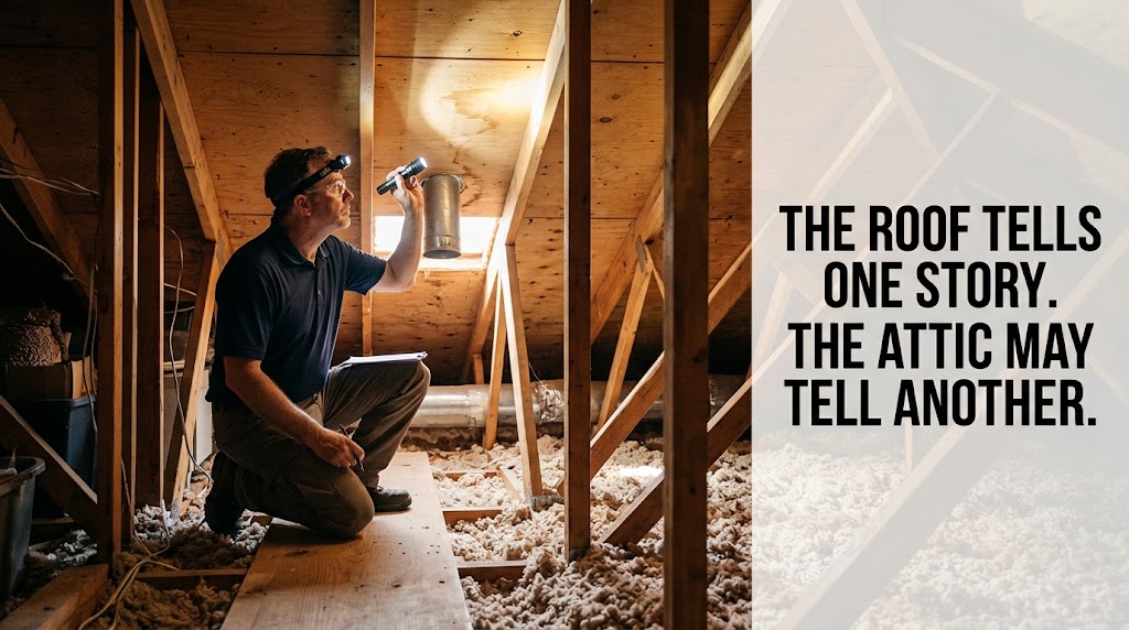 Home inspector examining attic roof decking for evidence of roof leaks