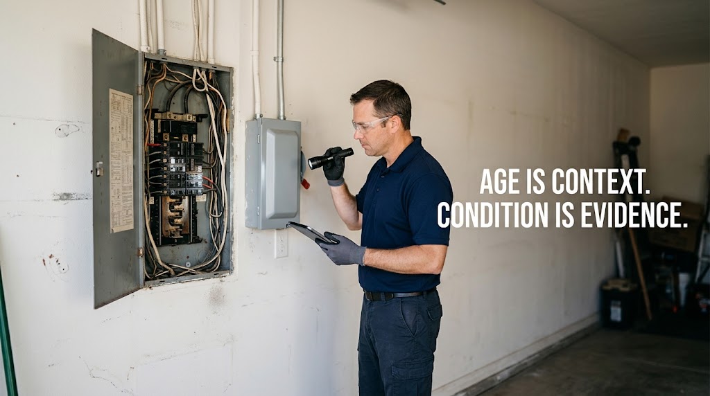 Home inspector evaluating an older electrical panel in a Baytown home