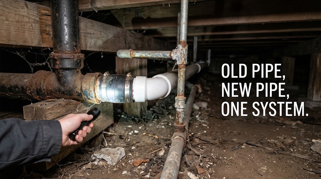 Mix of older cast-iron and newer PVC drain piping under an older Baytown home