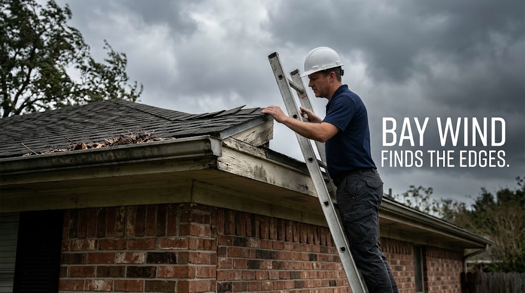 Home inspector observing roof edge and gutter conditions on a Baytown home