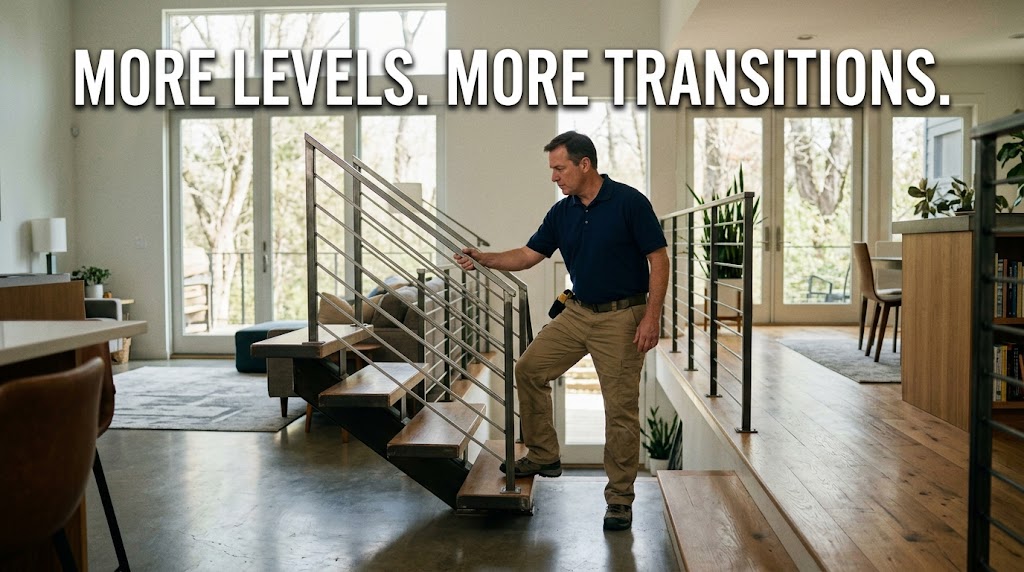 Home inspector checking stair railings in a multi-level Bluffview home