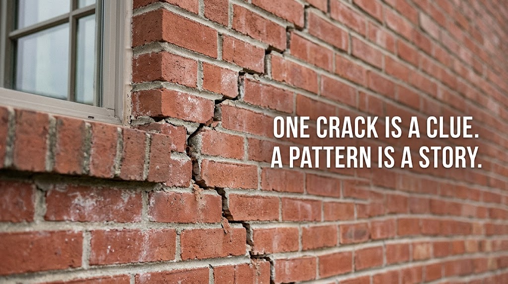 Stair-step crack in brick veneer near a window, a possible foundation movement clue