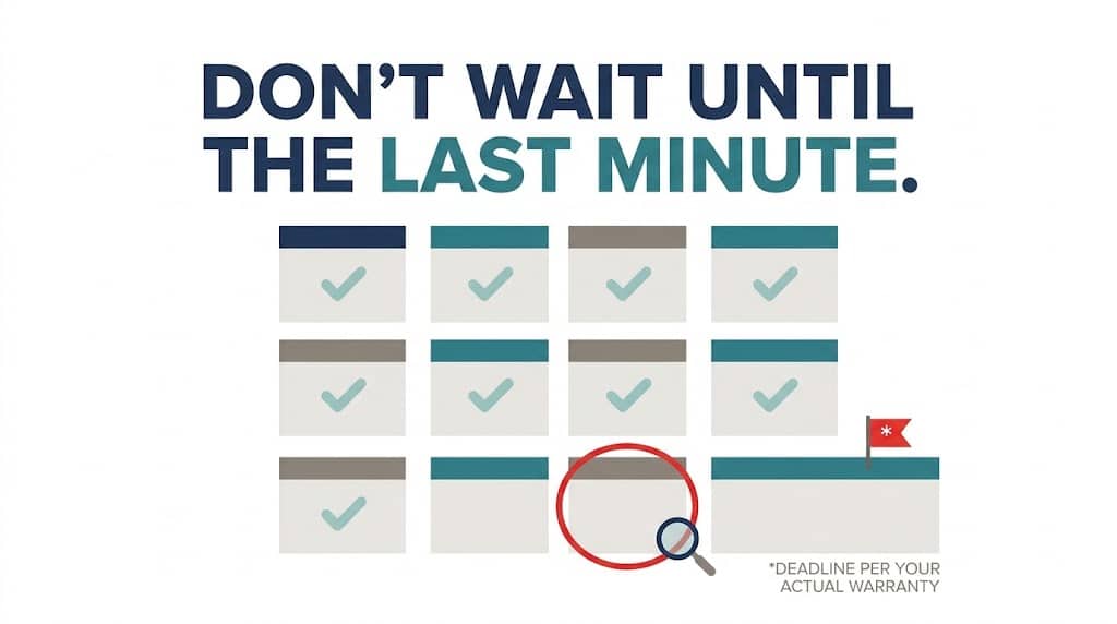 Calendar illustrating 11-month warranty inspection planning before an applicable builder warranty deadline