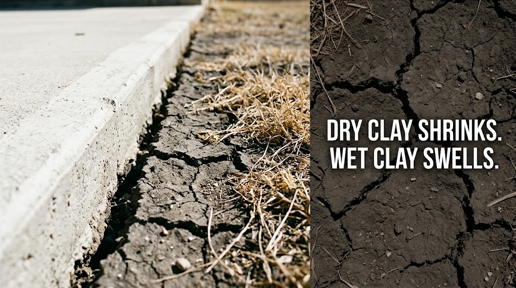 Dry expansive clay soil shrinking away from the edge of a slab foundation
