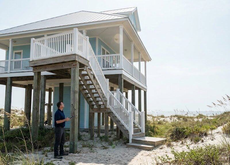 Home inspector evaluating an elevated coastal home along the Brazoria County Gulf Coast
