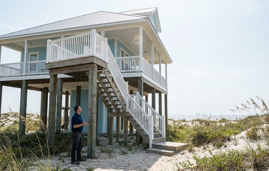 Home inspector evaluating an elevated coastal home along the Brazoria County Gulf Coast