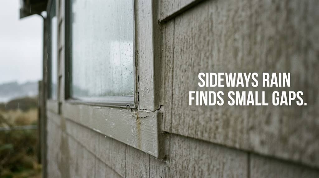 Weathered window sealant on a coastal home exposed to wind-driven rain