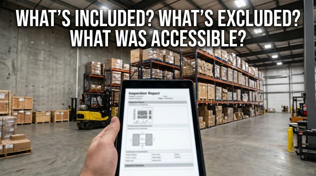 Warehouse racking blocking access to a wall, illustrating commercial inspection scope and limitations