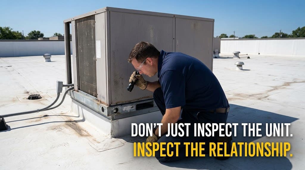 Inspector evaluating rooftop HVAC equipment and surrounding commercial roofing conditions