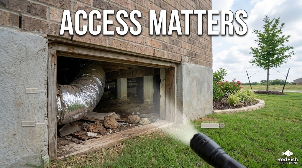 Restricted crawl-space access opening, illustrating a home inspection limitation