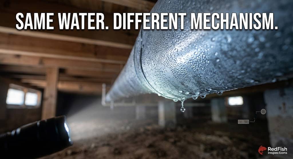 Condensation forming on a cool duct in a residential crawl space