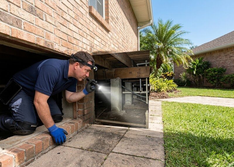 Home inspector entering an accessible crawl space to evaluate crawl space moisture and visible conditions