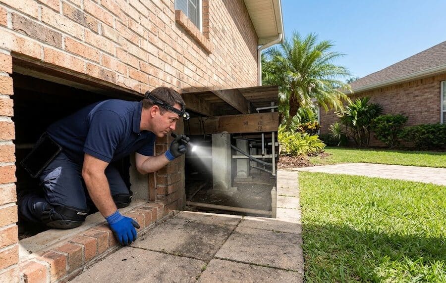 Home inspector entering an accessible crawl space to evaluate crawl space moisture and visible conditions