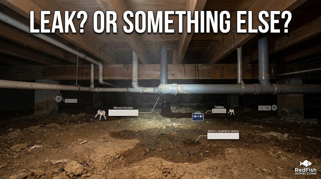Plumbing pipes in a crawl space with a damp spot below, evaluated as a possible moisture source