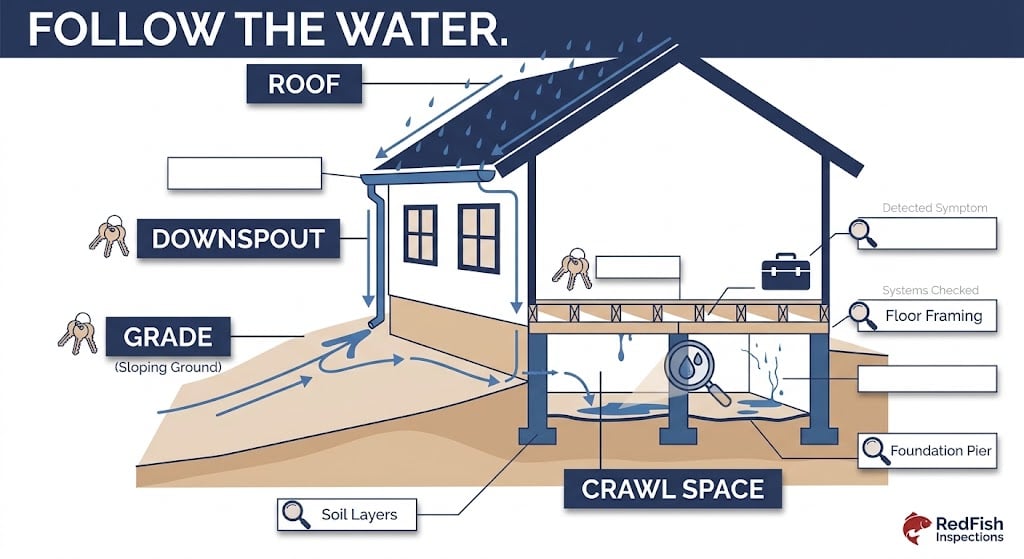 Diagram showing how roof runoff and grading can direct water toward a residential crawl space